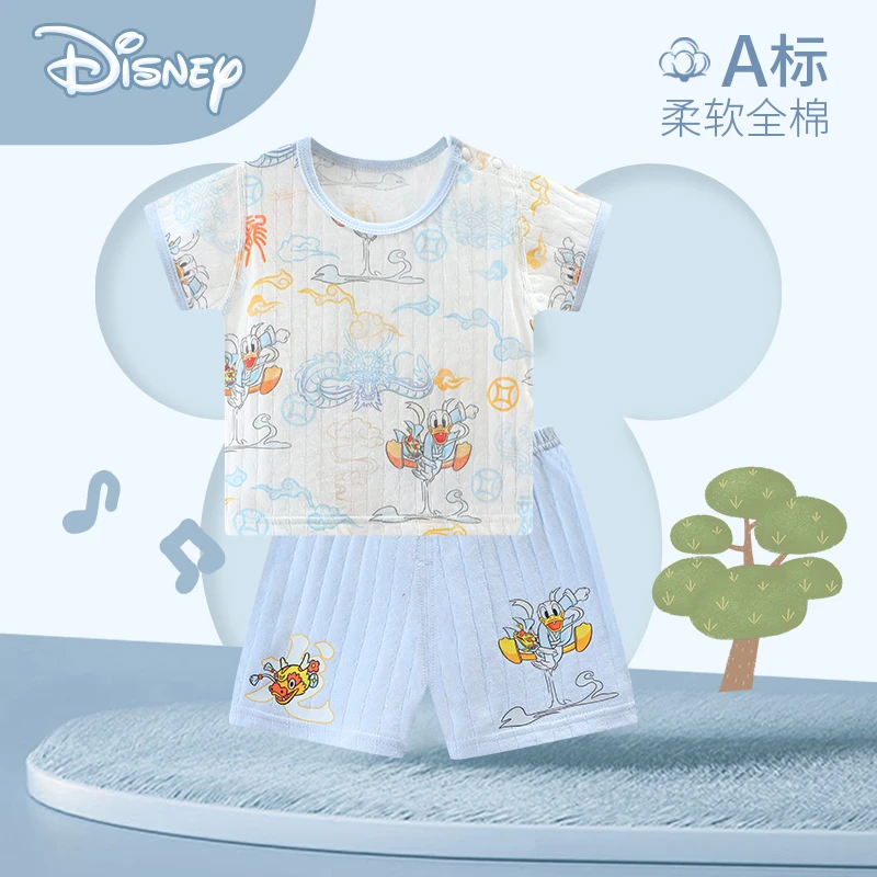 Disney/迪士尼宝宝套装夏季薄款短袖短裤婴儿国风儿童分体衣服