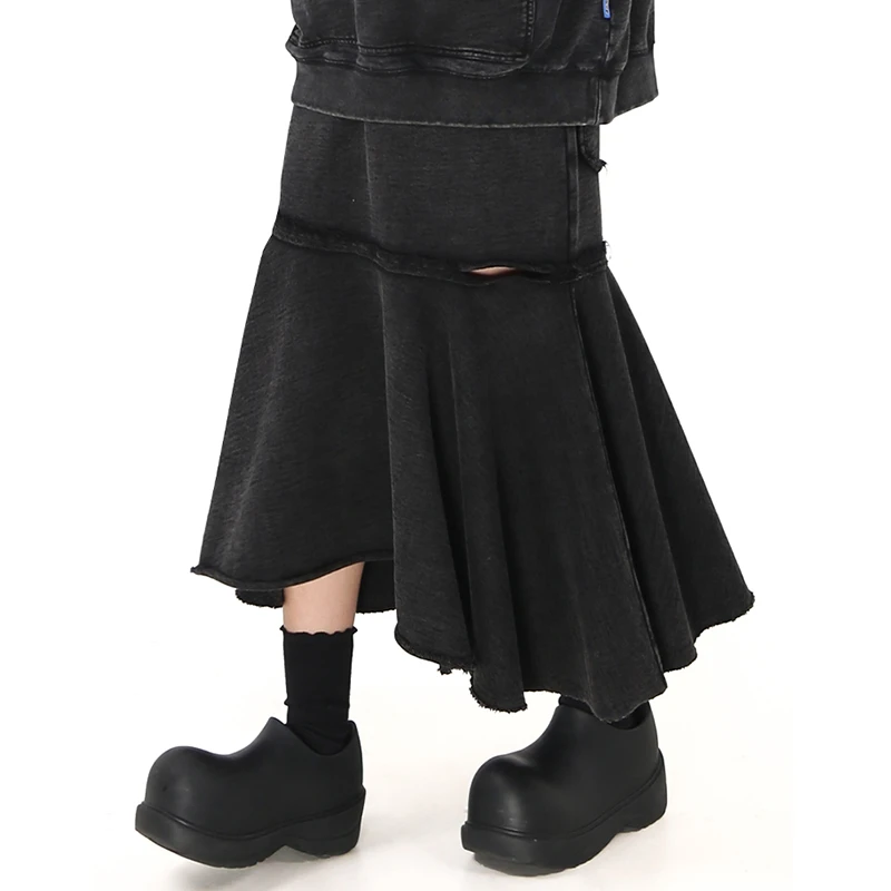 嬉游记原创 2024夏季新款蜡染做旧破洞半身裙女a字褶皱气质鱼尾裙