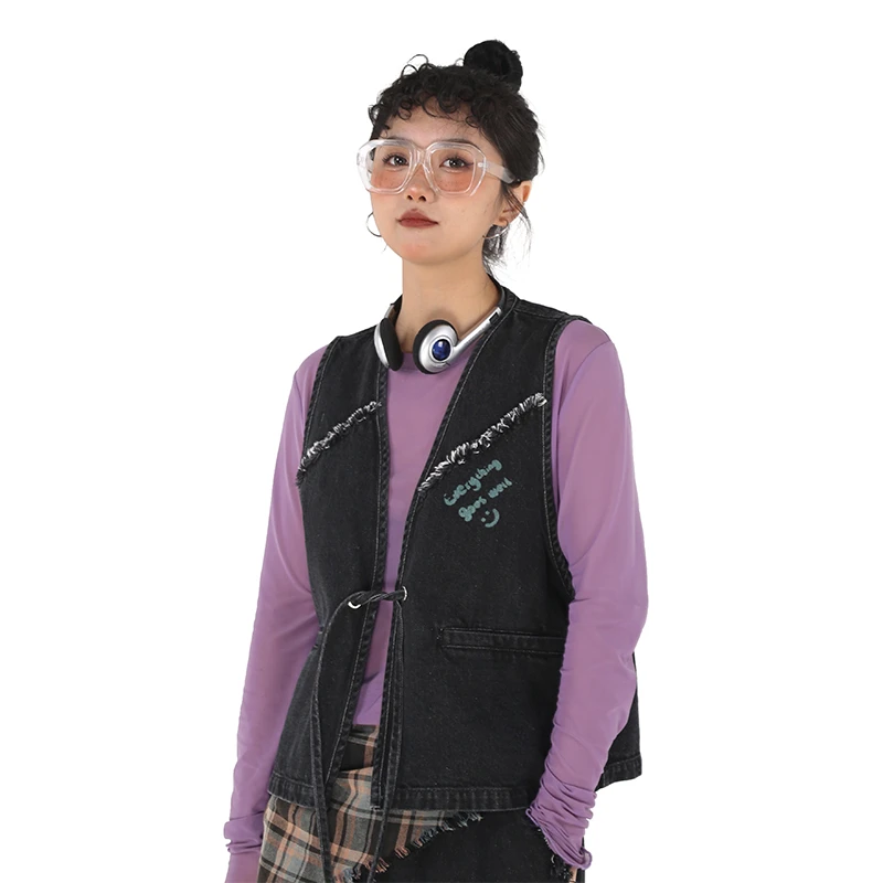 嬉游记原创 2024春新款毛边绑带V领牛仔马甲女小个子无袖背心外套