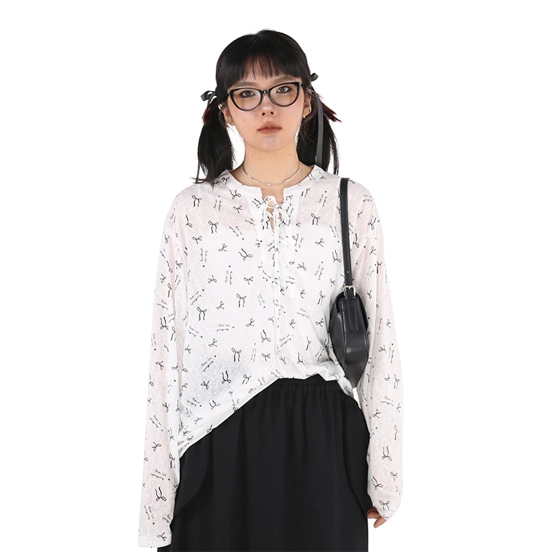 嬉游记原创 2024秋新款设计感绑带长袖T恤女百搭宽松针织打底上衣