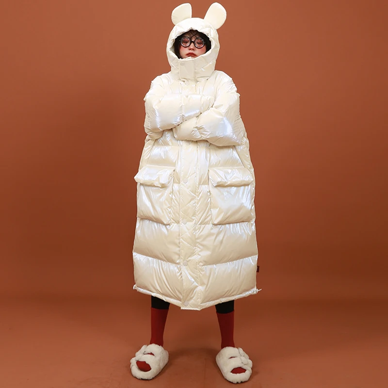 嬉游记原创 酷感镭射丝光羽绒服女中长款立体耳朵连帽白鸭绒外套