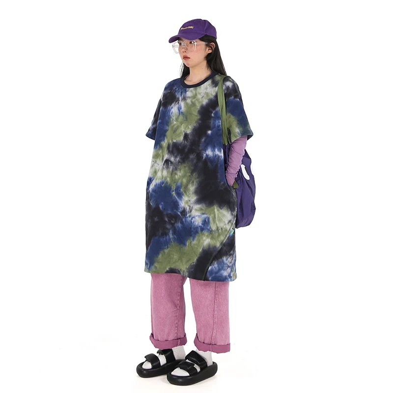 嬉游记原创 2024夏新款大廓形扎染短袖T恤裙女遮肉显瘦宽松连衣裙