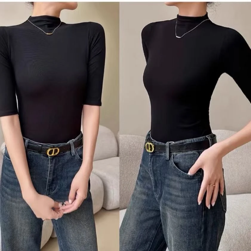 322S8802秋冬新款显瘦修身百搭纯色保暖打底衫中袖T恤半高领