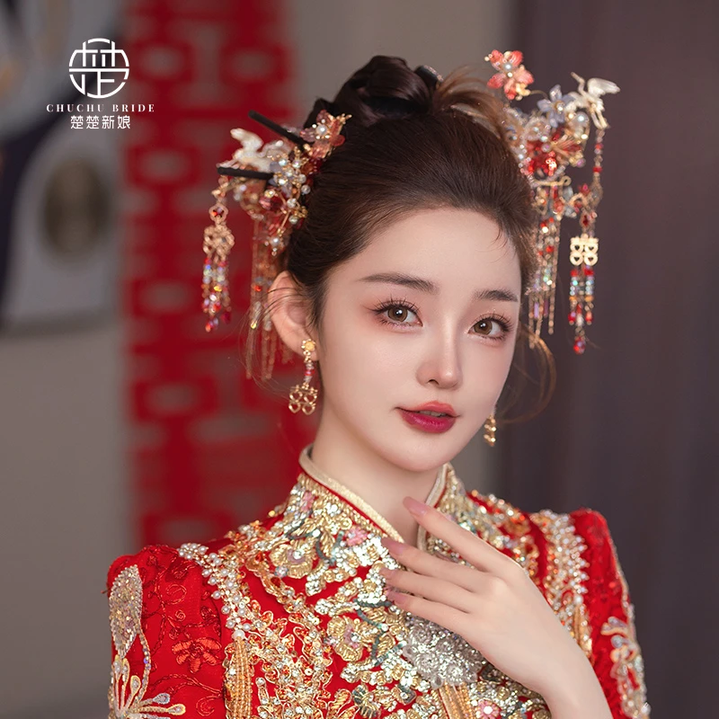 合金婚庆饰品 3462新中式琉璃发簪古风新娘结婚头饰红色秀禾服配