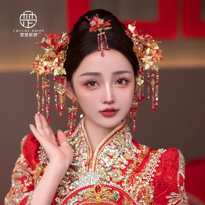 3438新款红色新娘结婚头饰眉心坠后压流苏古典婚礼秀禾服发饰品