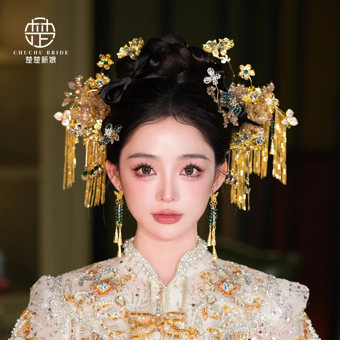 金色新娘结婚头饰减龄秀禾服饰品龙凤褂旗袍新中式汉服配婚礼发饰