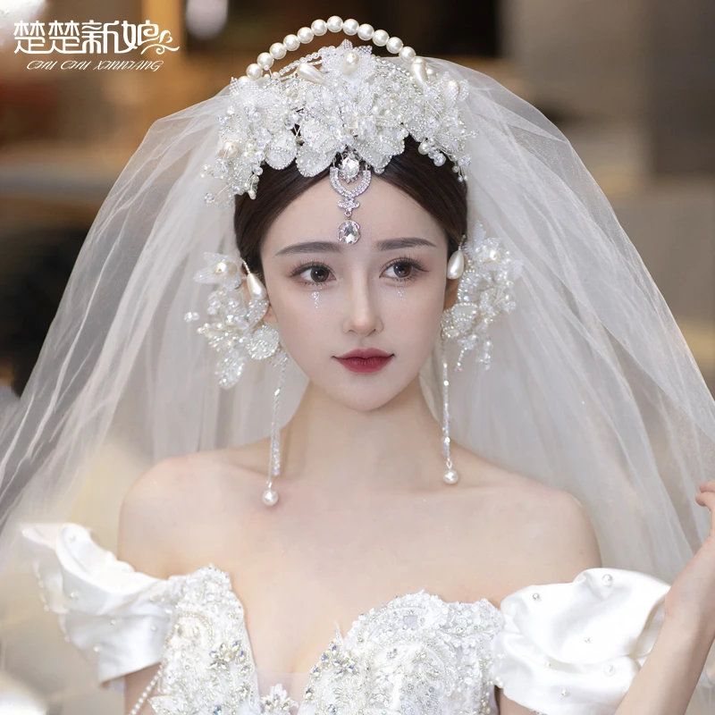 3148韩式新娘结婚头饰蕾丝水晶皇冠耳挂婚纱礼服造型饰品大气王冠