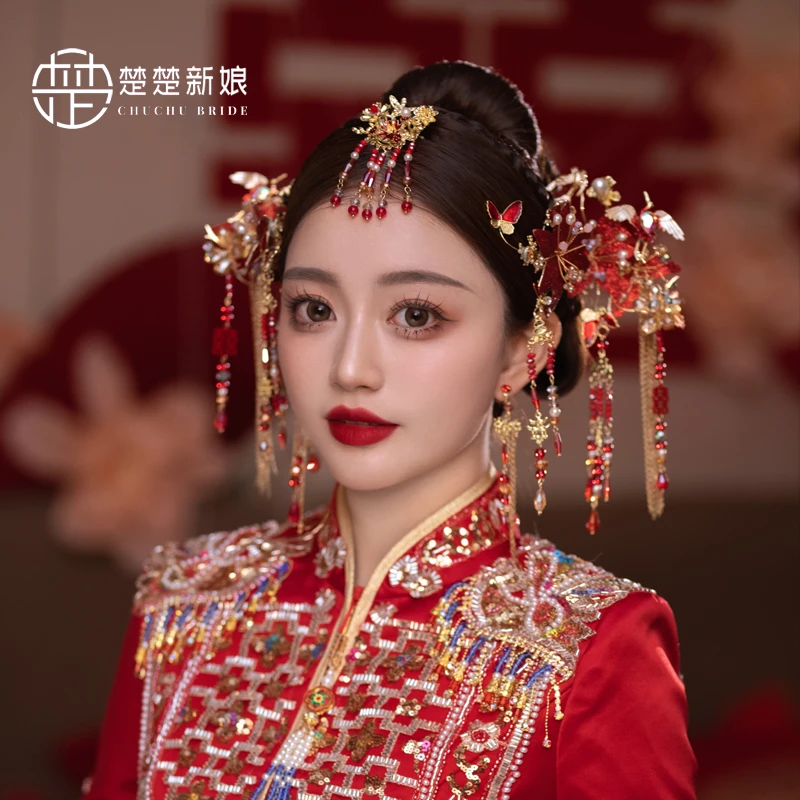 中式手工新娘头饰红色古风眉心坠套装古典发饰秀禾服高级感发饰