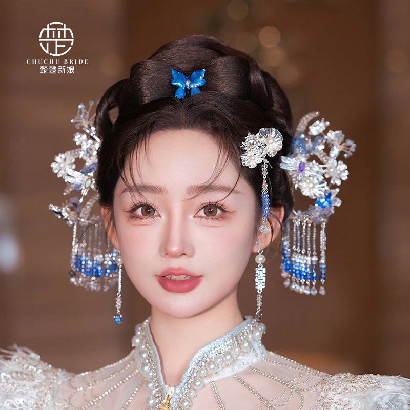 3749新娘中式头饰秀禾服白月光银色步摇发饰古典婚礼饰品蓝色发簪