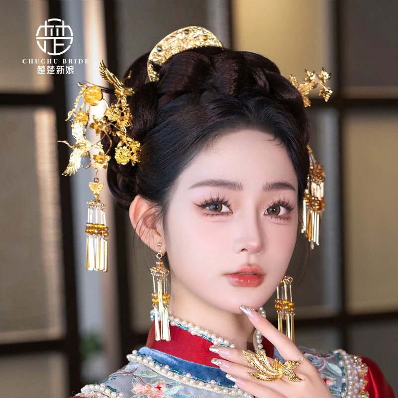新中式新娘头饰金色发梳精致简约分体古装秀禾服发饰龙凤褂配饰品