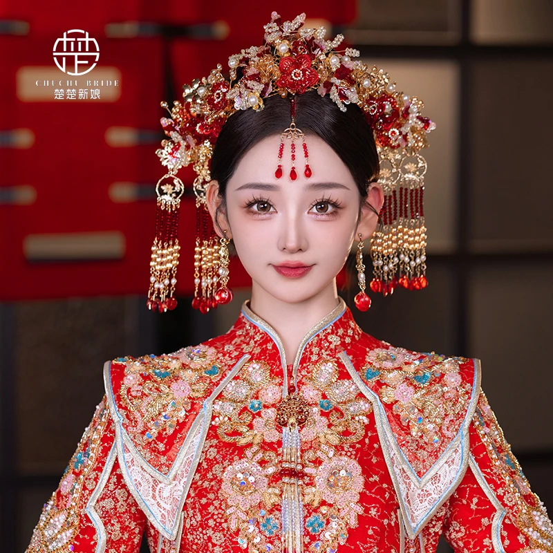 3584红色秀禾大凤冠眉心坠新娘中式琉璃水晶花朵大气古装发饰品