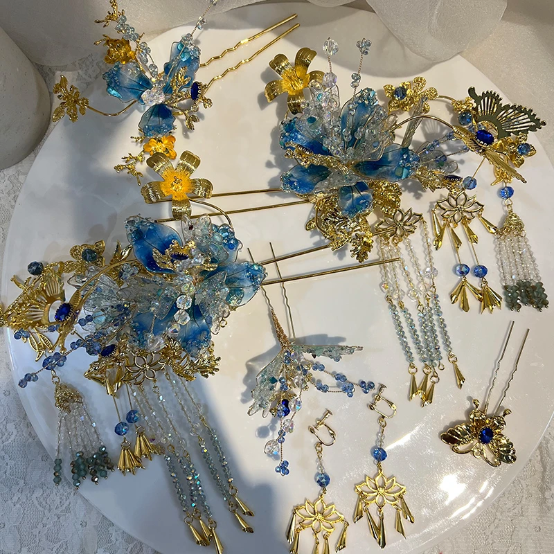 新款蓝色水晶花朵发饰减龄秀禾服晨袍配饰浅色古典汉服结婚发饰品