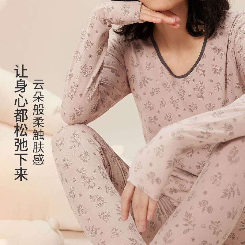 女士棉莱卡弹力棉小碎花秋衣秋裤抑菌亲肤贴身打底高弹保暖套装