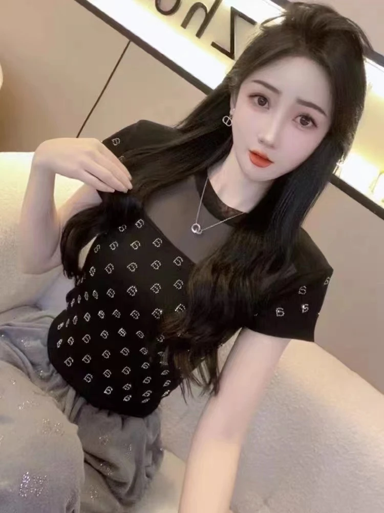 新款烫钻字母网纱上衣辣妹2024百搭短袖打底夏季纯欲T恤短款修身