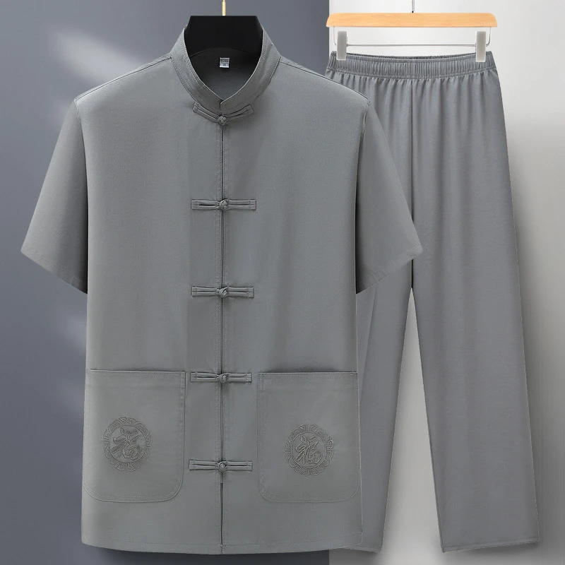 中老年唐装男夏装短袖套装中国风爸爸夏季居家中式禅服冰丝太极服