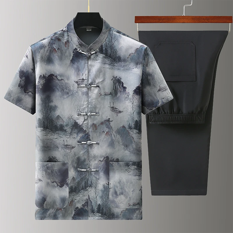 夏季唐装男士短袖中国风中老年爸爸夏装套装爷爷夏天衣服薄款生日