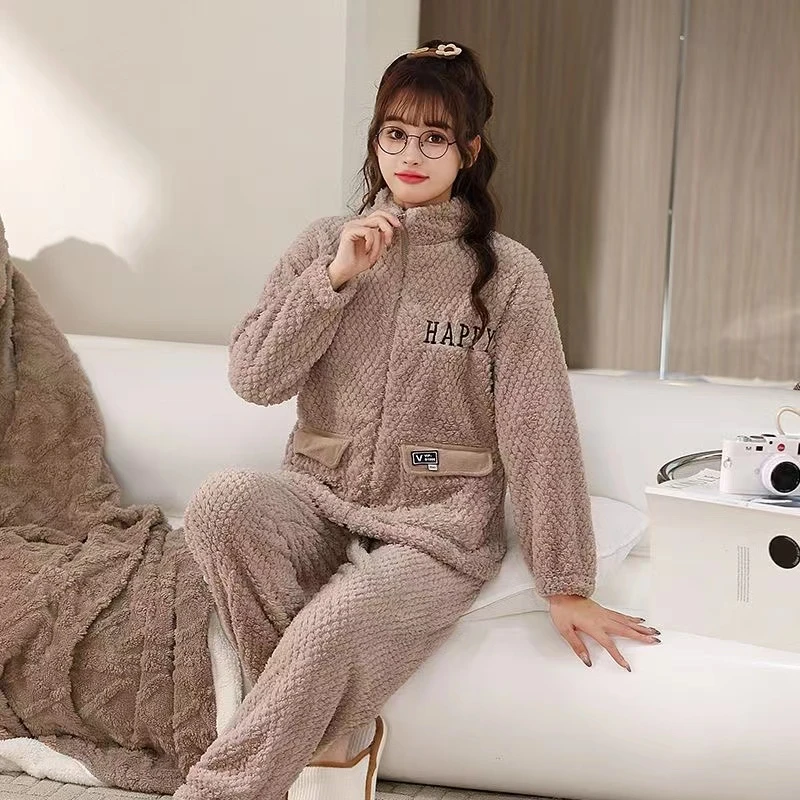 秋冬季珊瑚绒女士睡衣加绒加厚保暖时尚休闲拉链款可外穿家居服