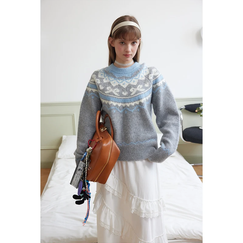 【雪宝粉丝专享】 费尔岛复古蝴蝶结纹理潮牌慵懒针织衫KW43Y32