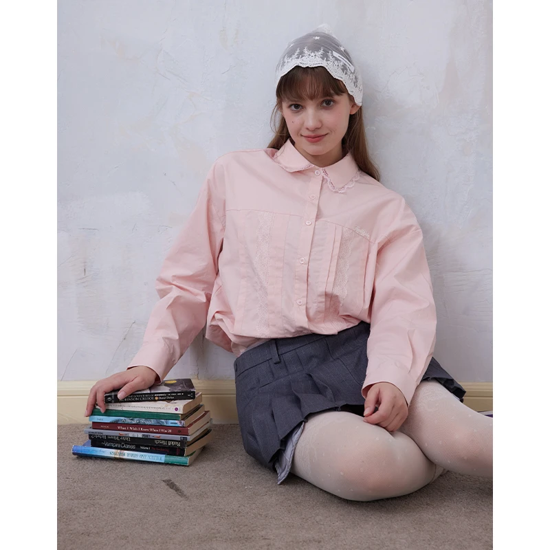 【芋总专属】时尚next level 韩系蕾丝翻领休闲宽松衬衫KW43Y10