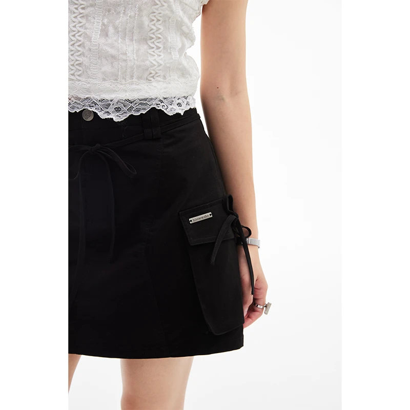 Knowwake 韩系系绳蝴蝶结工装风A字裙夏立体口袋半身短裙KW42K28