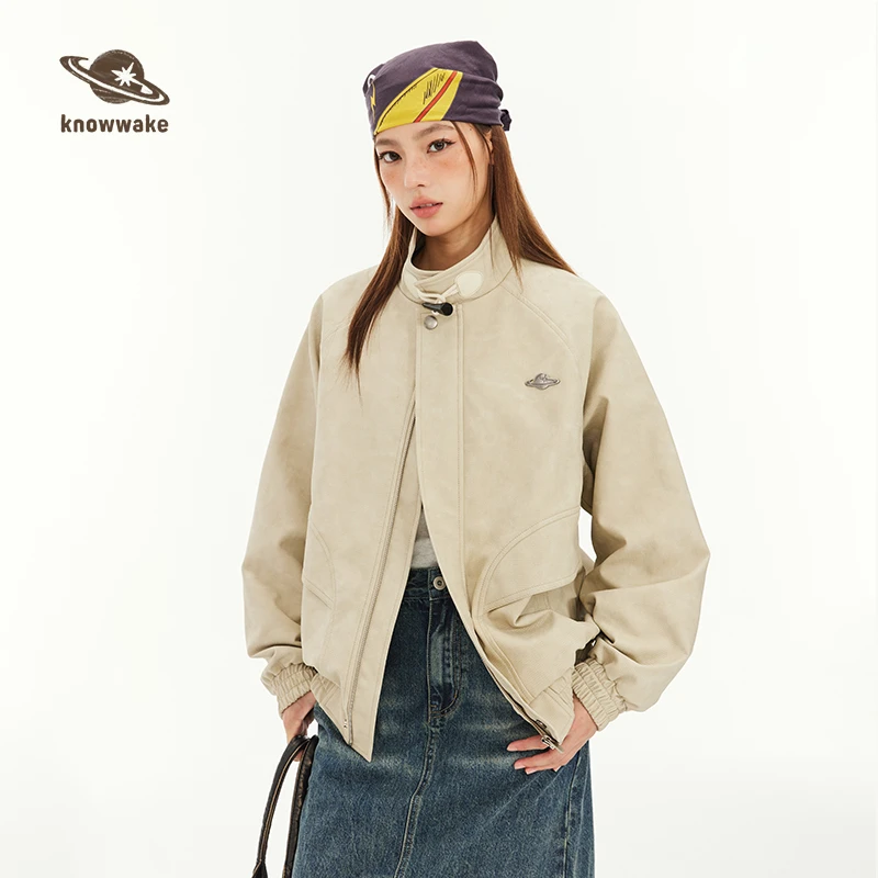 knowwake美式复古牛角扣立领皮衣女宽松休闲百搭外套KW33R01