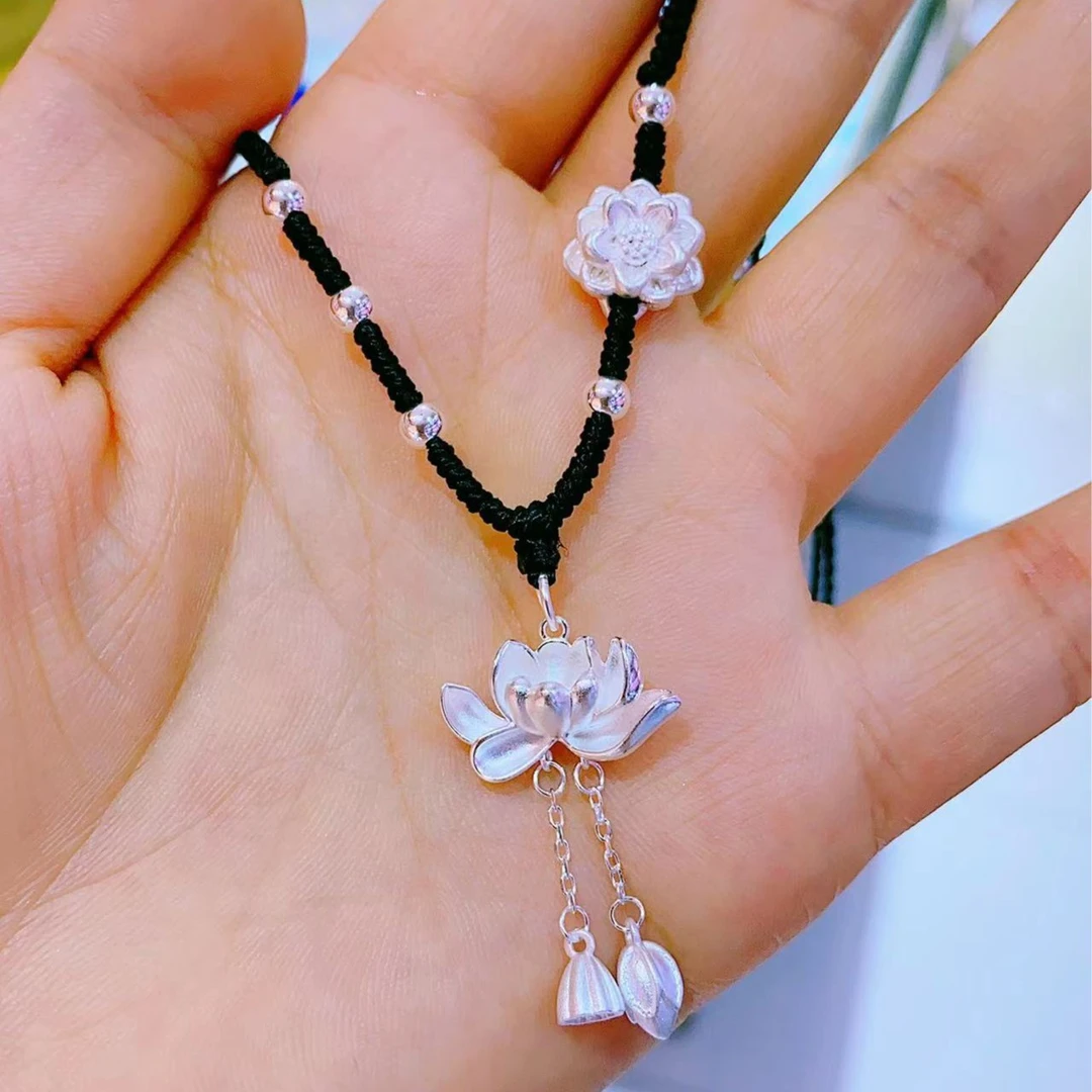 吊坠925银 【春晓老银匠】时尚手工编制莲花项链