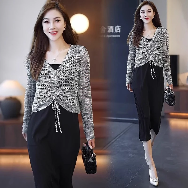 时尚连衣裙女2024秋季新款洋气显瘦减龄缕空针织衫吊带裙两件套裙