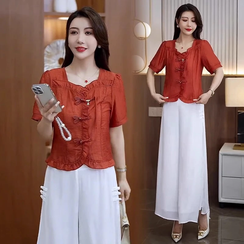 时尚洋气套装女夏季新款国风中式盘扣雪纺衫阔腿裤气质显瘦两件套