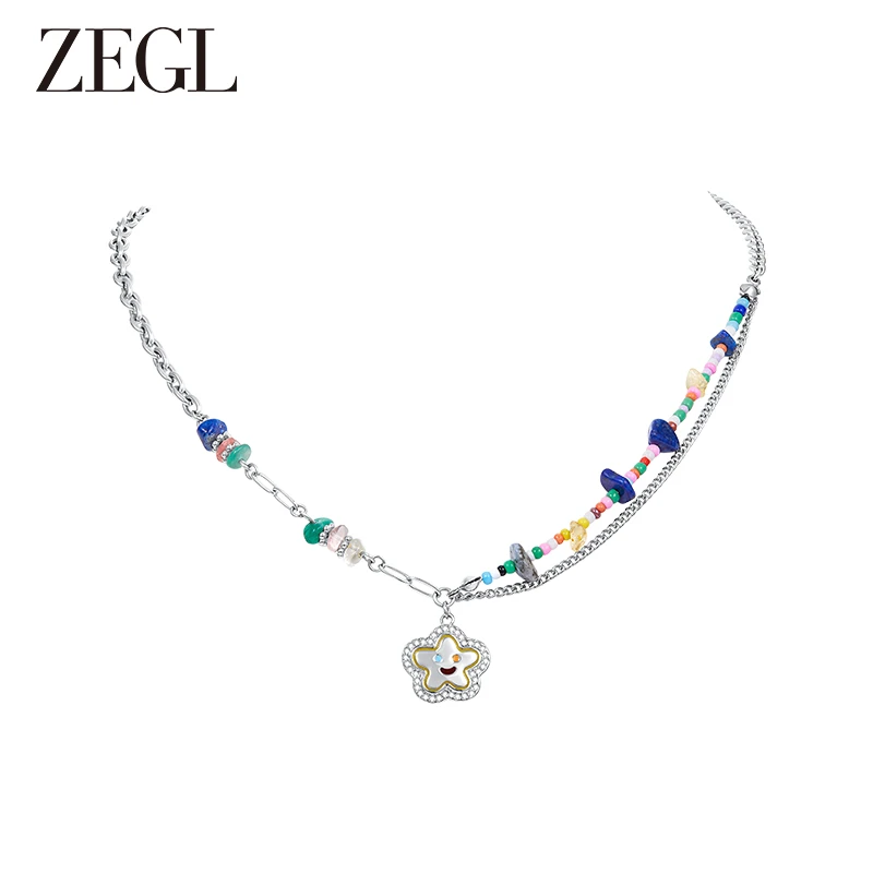 ZEGL 钛钢项链 彩色笑脸串珠项链女轻奢小众甜酷夏季双层锁骨链