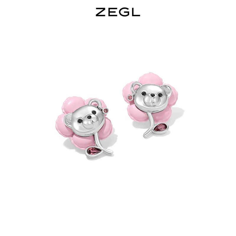 合金耳饰 ZEGL设计师假日小熊系列花朵小熊耳环女925银针秋冬耳饰