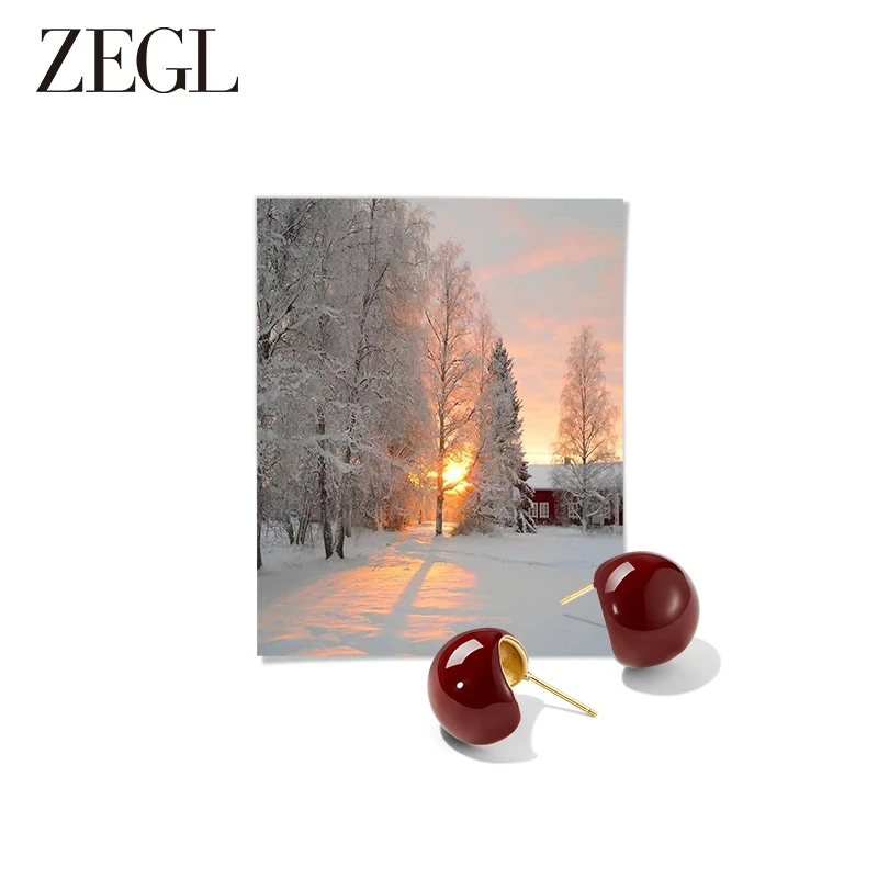 ZEGL 铜合金耳饰 酒红色水滴耳环法式秋冬气质轻奢小众百搭女饰品