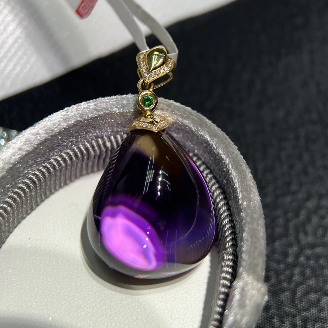 18k紫黄晶水滴吊坠全净体厚金豪镶浓郁紫黄玻利维亚产地紫色挂坠
