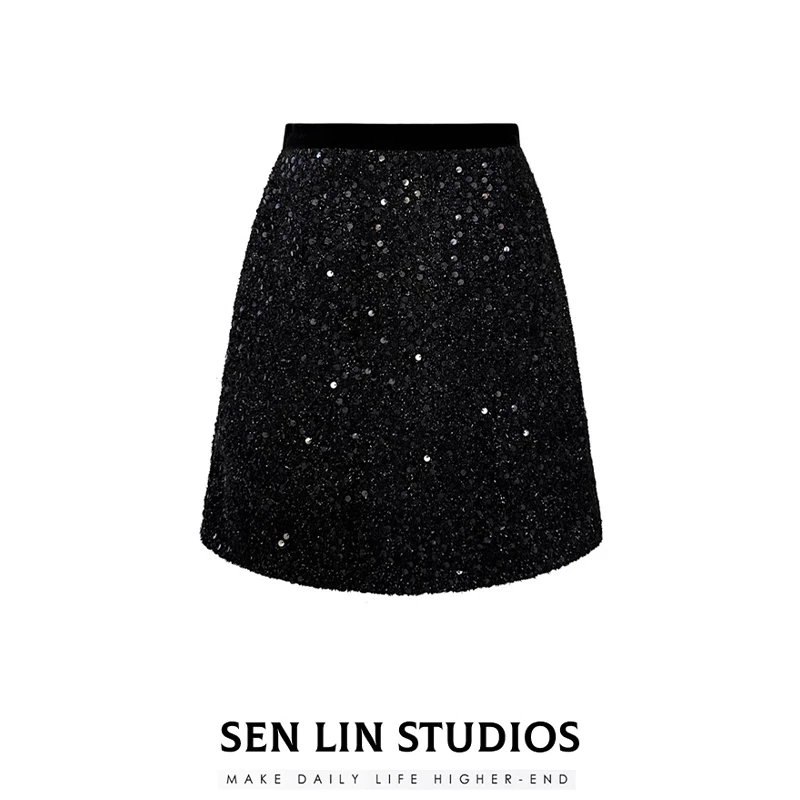亮片半身裙短款小香风半裙秋装新款2024女裙子高级感小个子A字裙