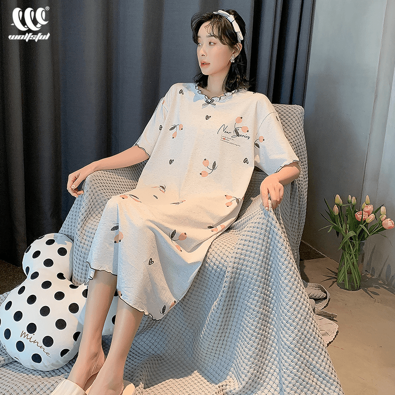 睡裙女士夏季莫代尔短袖睡衣可爱卡通印花韩版宽松薄款甜美家居服