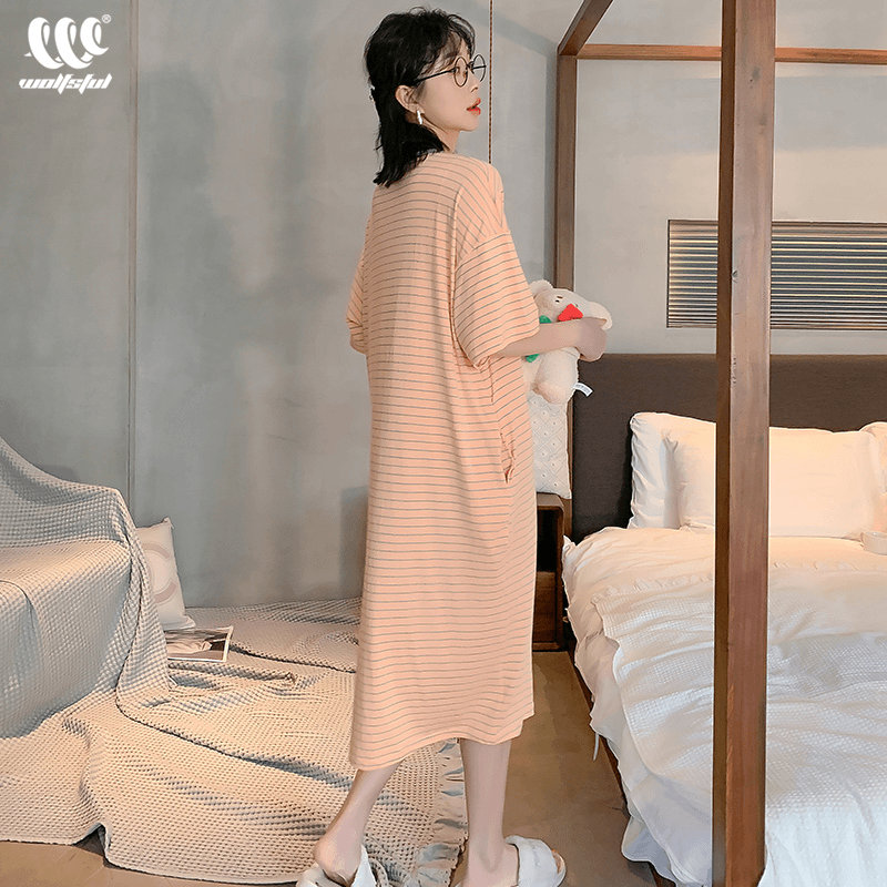 睡裙女士夏季莫代尔睡衣条纹中长宽松款简约舒适短袖薄款女家居服