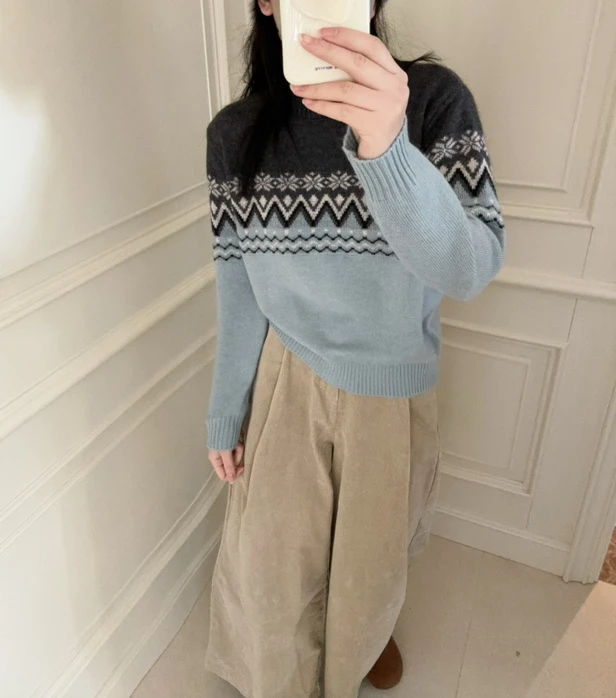 朱朱家 巨好看 氛围感森系复古提花半高领毛衣8839