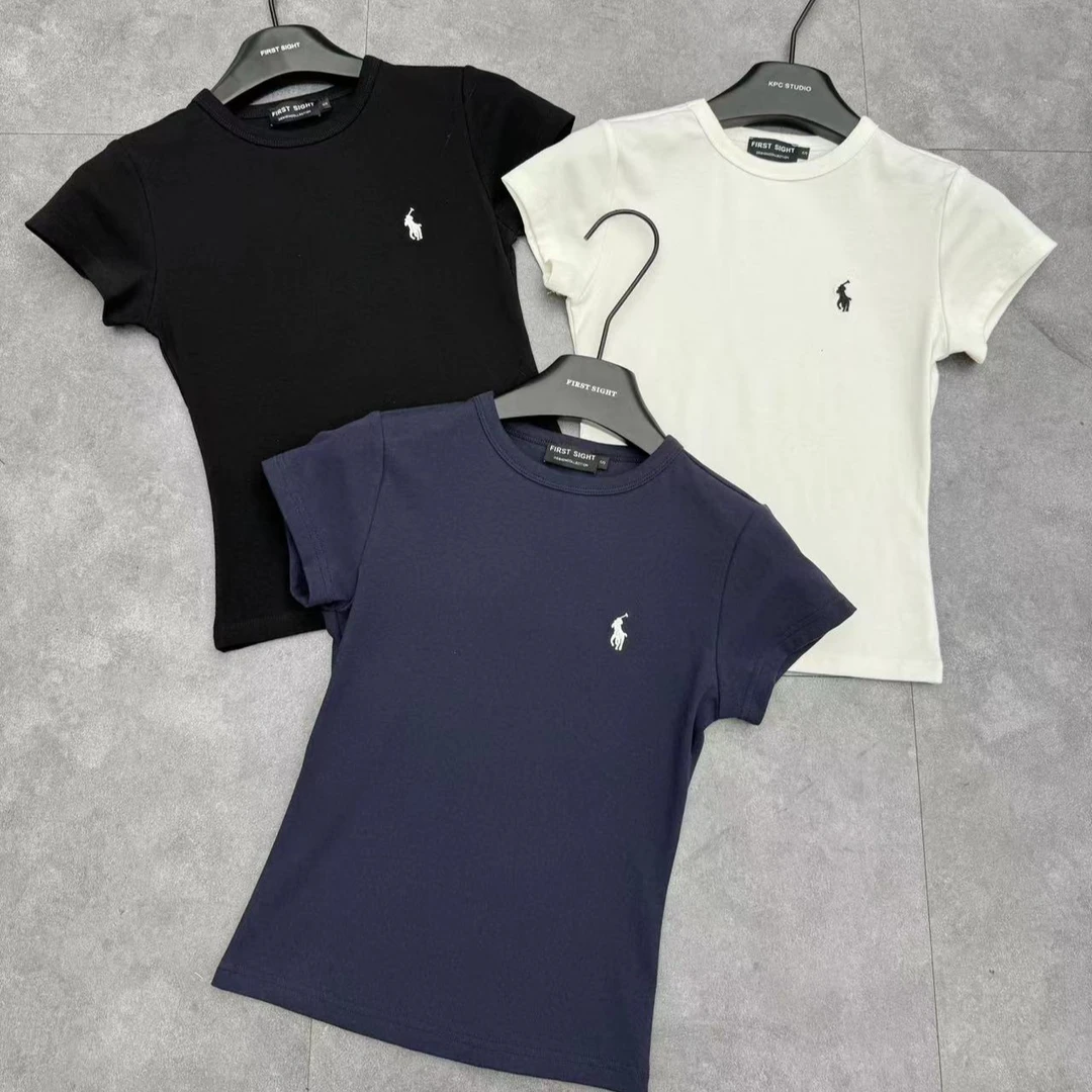 KPC【圆领小马刺绣正肩短袖】2025新品女款显瘦百搭纯色时尚T恤