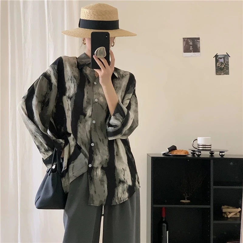 现/2025新款衬衫缎面百搭长袖扎染衬衫复古港味宽松上衣ins潮衬衣