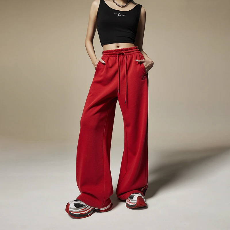TUOGU/拓谷显瘦运动高腰直筒休闲红色宽松垂感长裤D40224