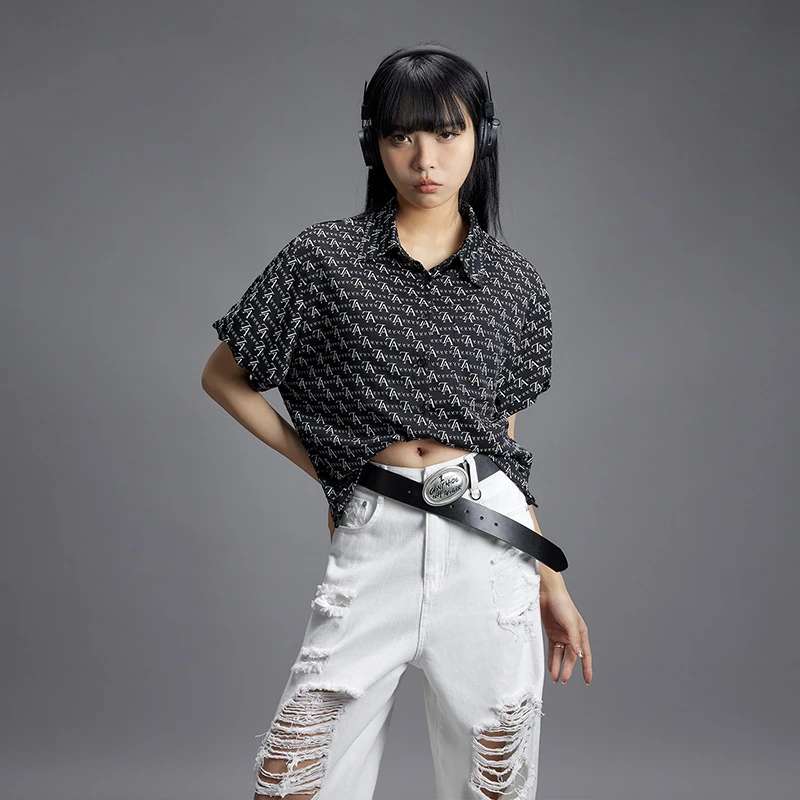 短袖上衣衬衣时尚夏季宽松印花设计感x40608