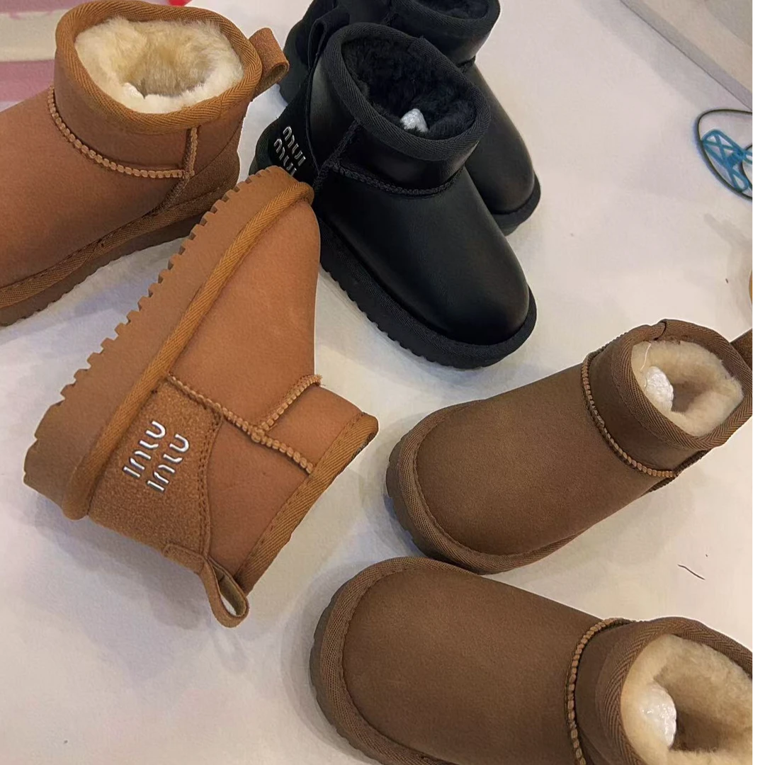 2518真皮雪地靴防水冬季男女儿童防滑加绒一脚蹬棉童鞋女童男童