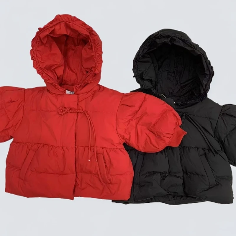0163款新中式羽绒服儿童女童红色连帽加厚纯色小童保暖儿童女童