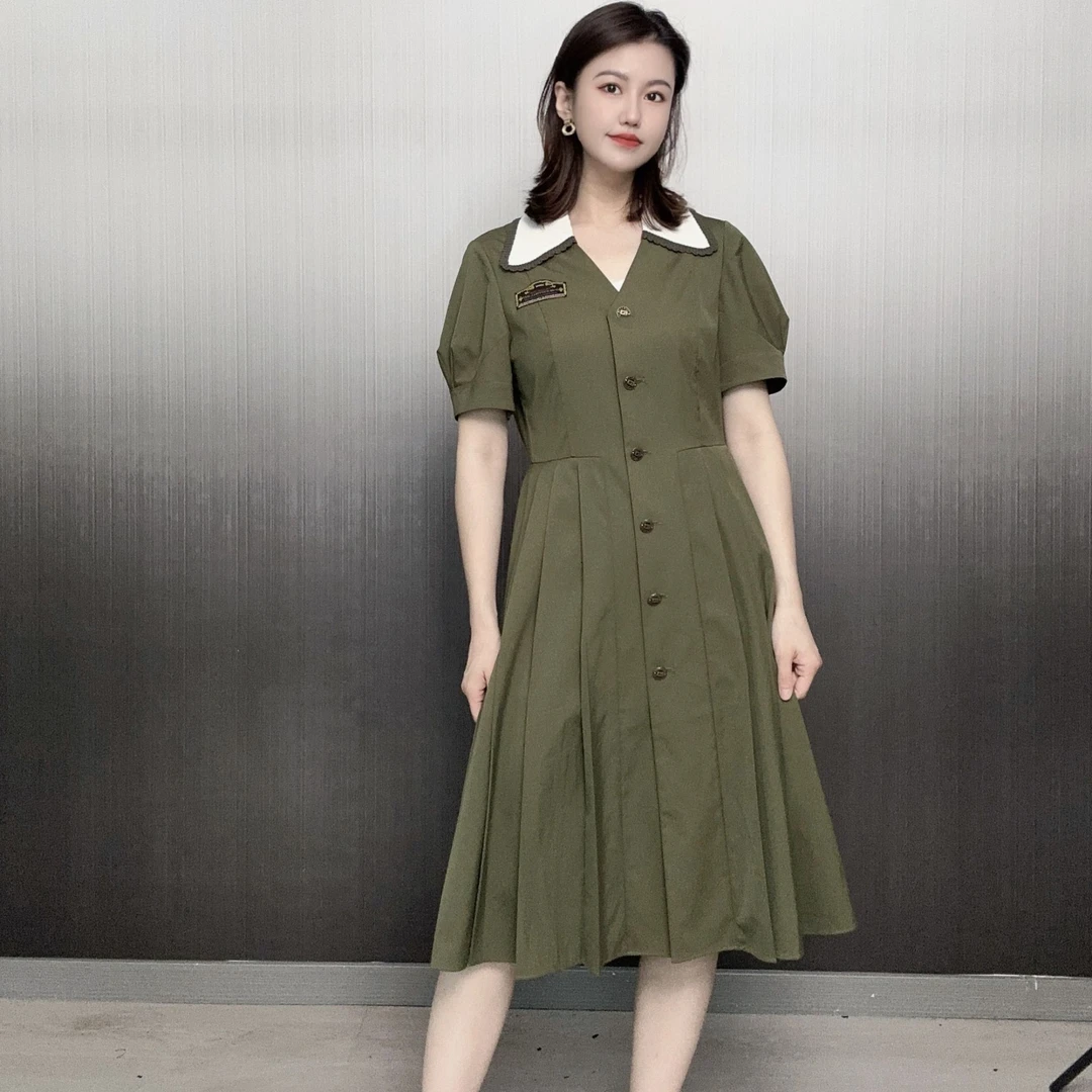 轻奢女装显瘦时尚气质绿色女装连衣裙复古夏季法式收腰小众中长款