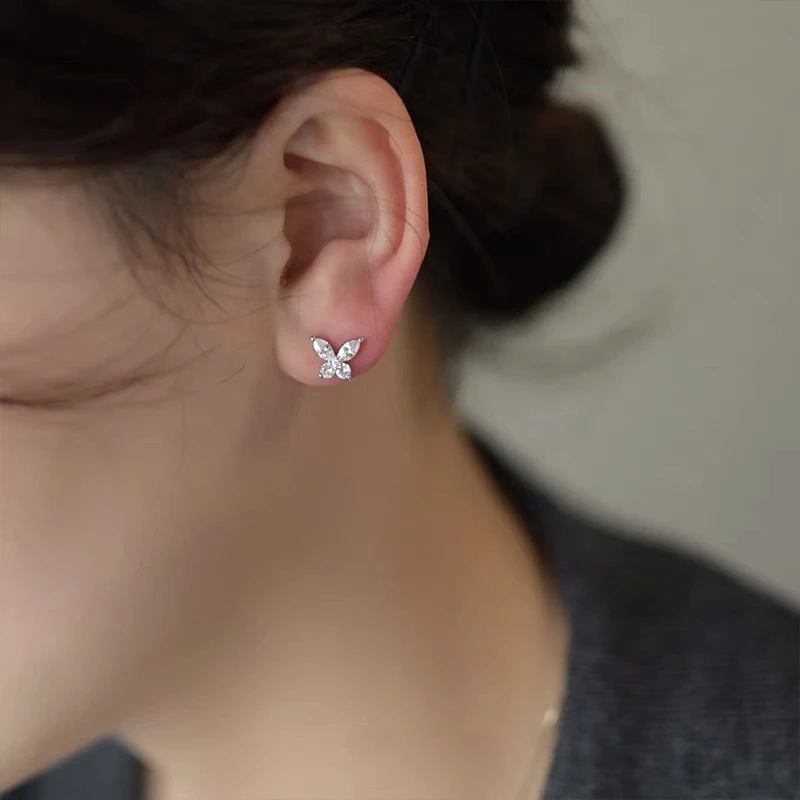铜合金耳饰 森系蝴蝶锆石气质淑女镶钻养耳洞耳饰银针时尚气质ins