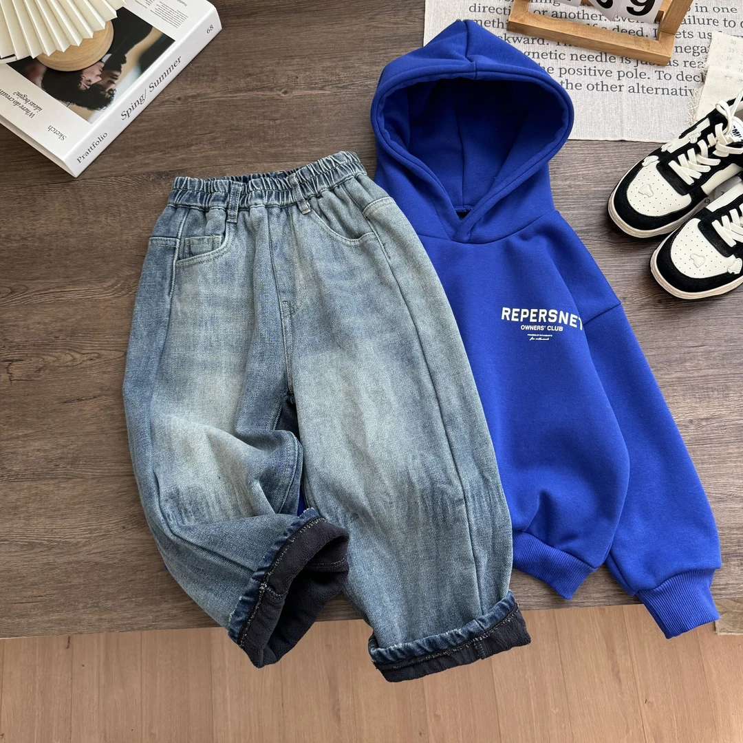 冬款男童一体绒渐变牛仔裤