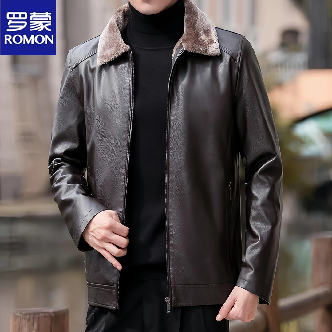 Romon/罗蒙男士皮夹克加绒加厚皮衣外套冬季爸爸休闲保暖翻领男装