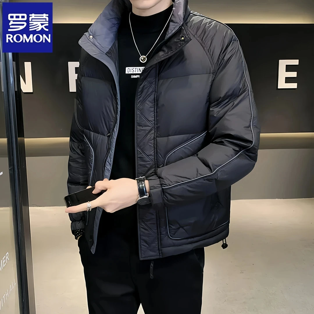 罗蒙新款男士秋冬羽绒服加厚保暖商务休闲夹克立领痞帅外套机车服