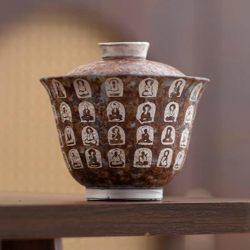 复古柴烧万佛二才盖碗家用个人用敬茶杯陶瓷茶具中式主人杯复古风