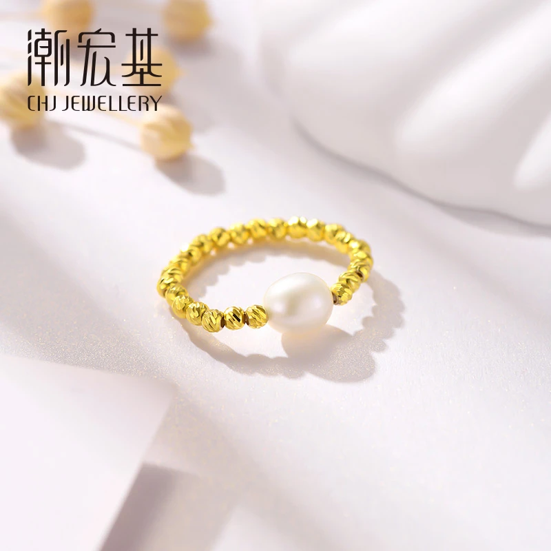 【潮宏基】S925银掌上明珠珍珠戒指 小众高级感弹力戒圈可调节 D704