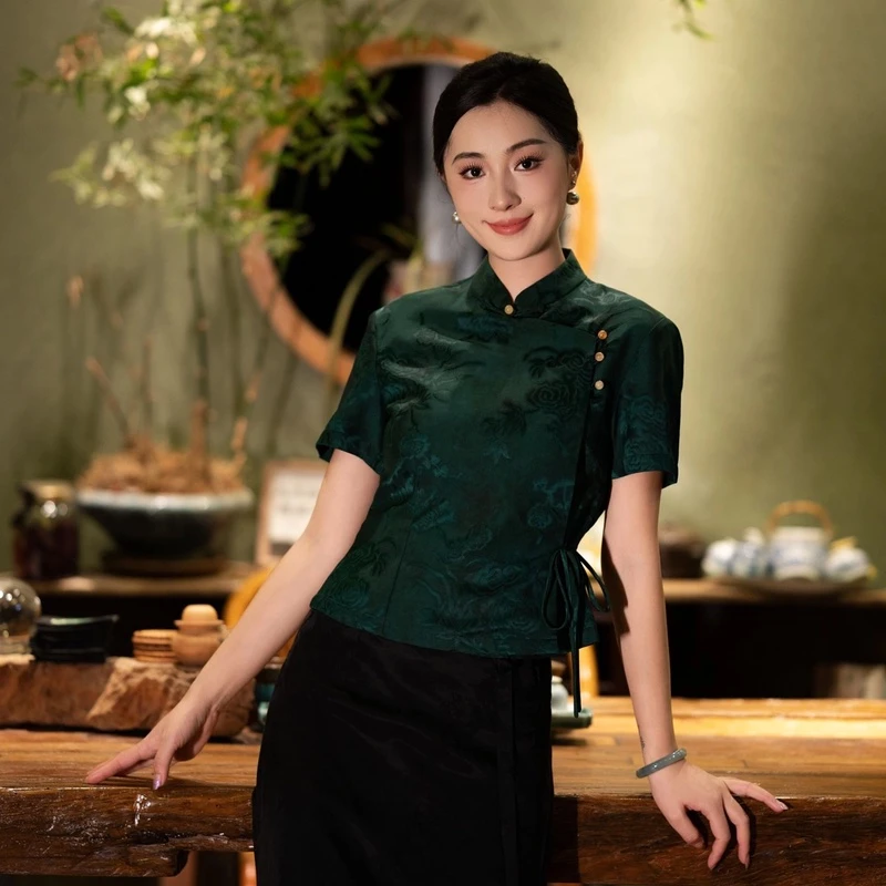 玉家人改良国风傣装墨绿色上衣（清仓处理）